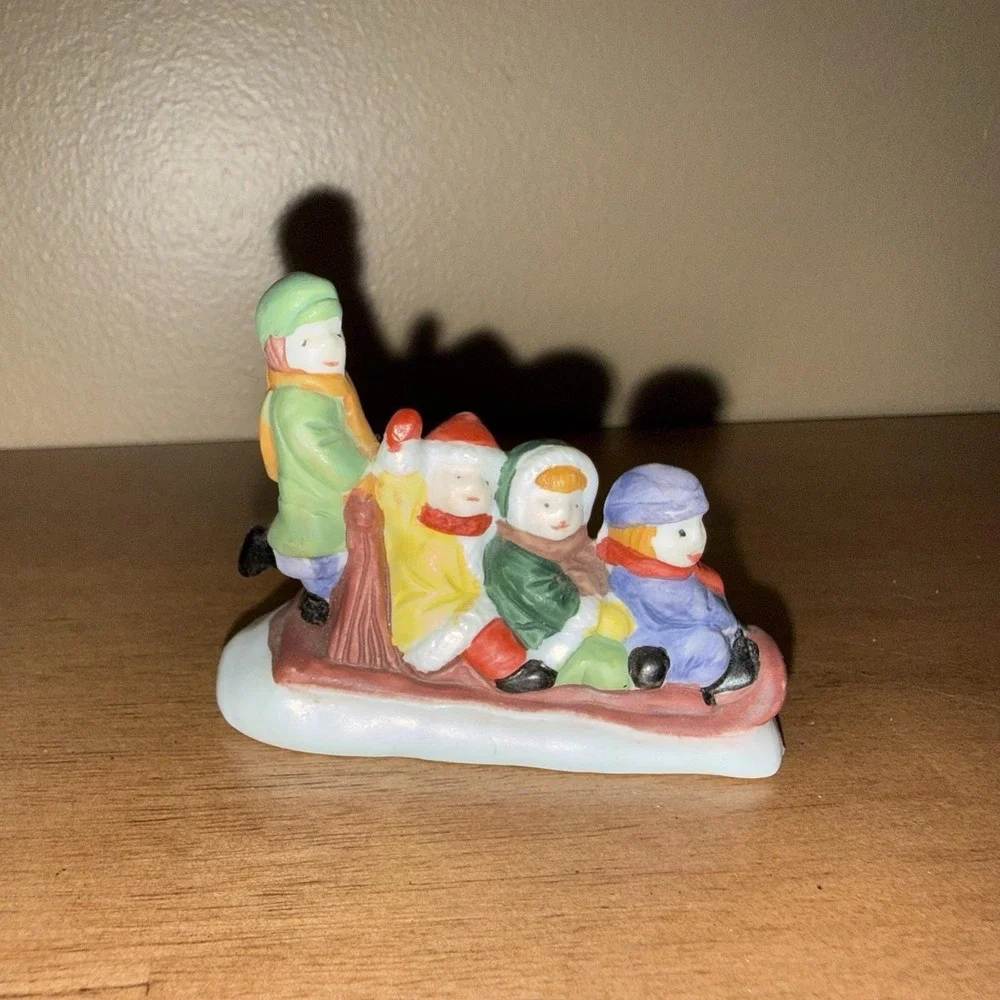 Vintage Ceramic Christmas Village Figurine Children Sledding Winter Decor